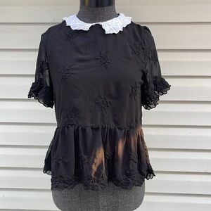 Zara Black Embroidered Short Sleeve Blouse Size Small